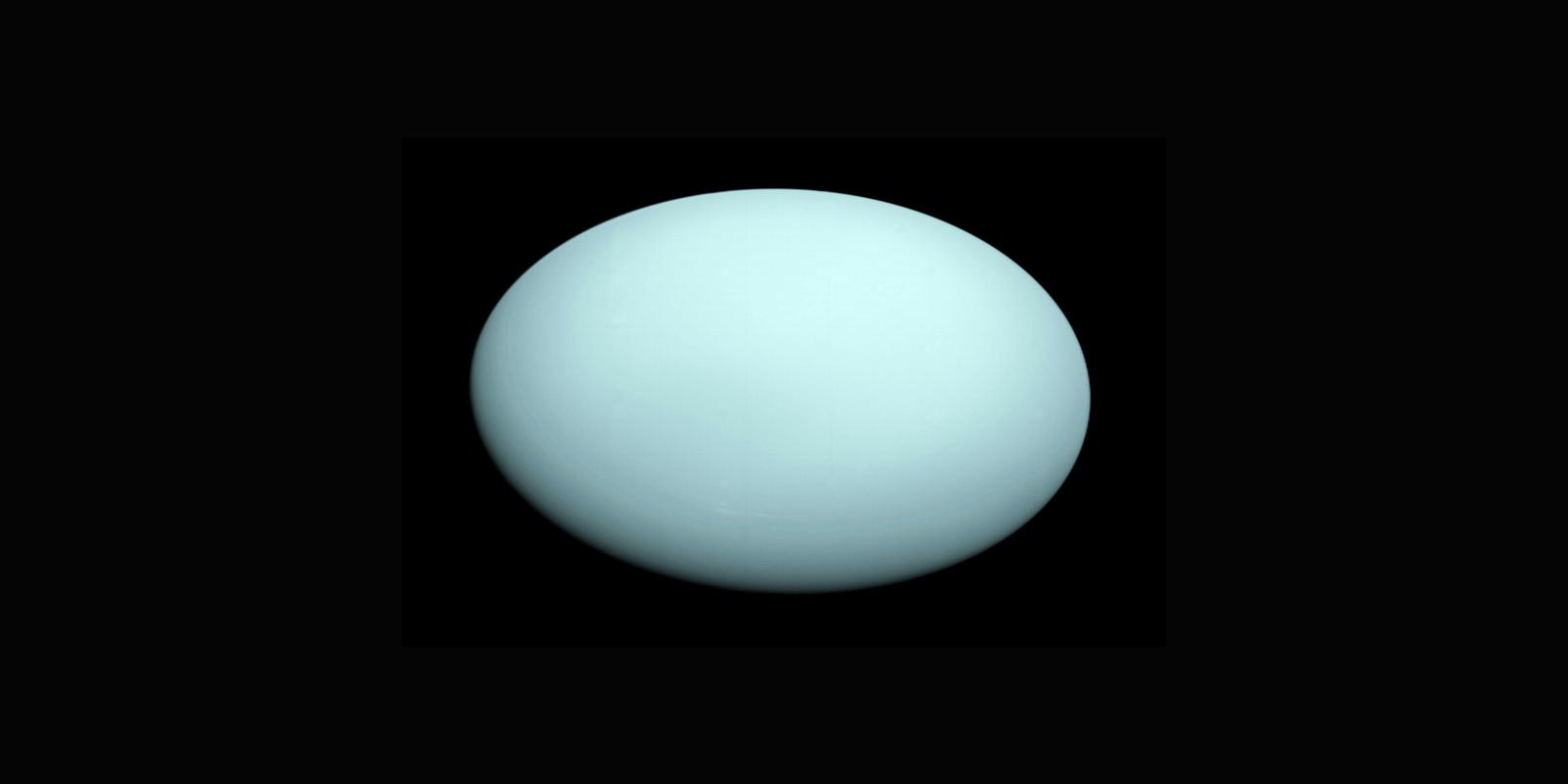 Planet Uranus appearing as pale blue disc against black space background.