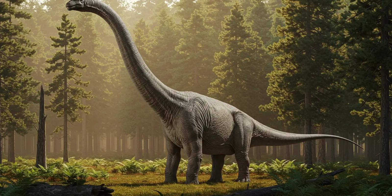 Apatosaurus in misty prehistoric forest with tall pines and ferns.