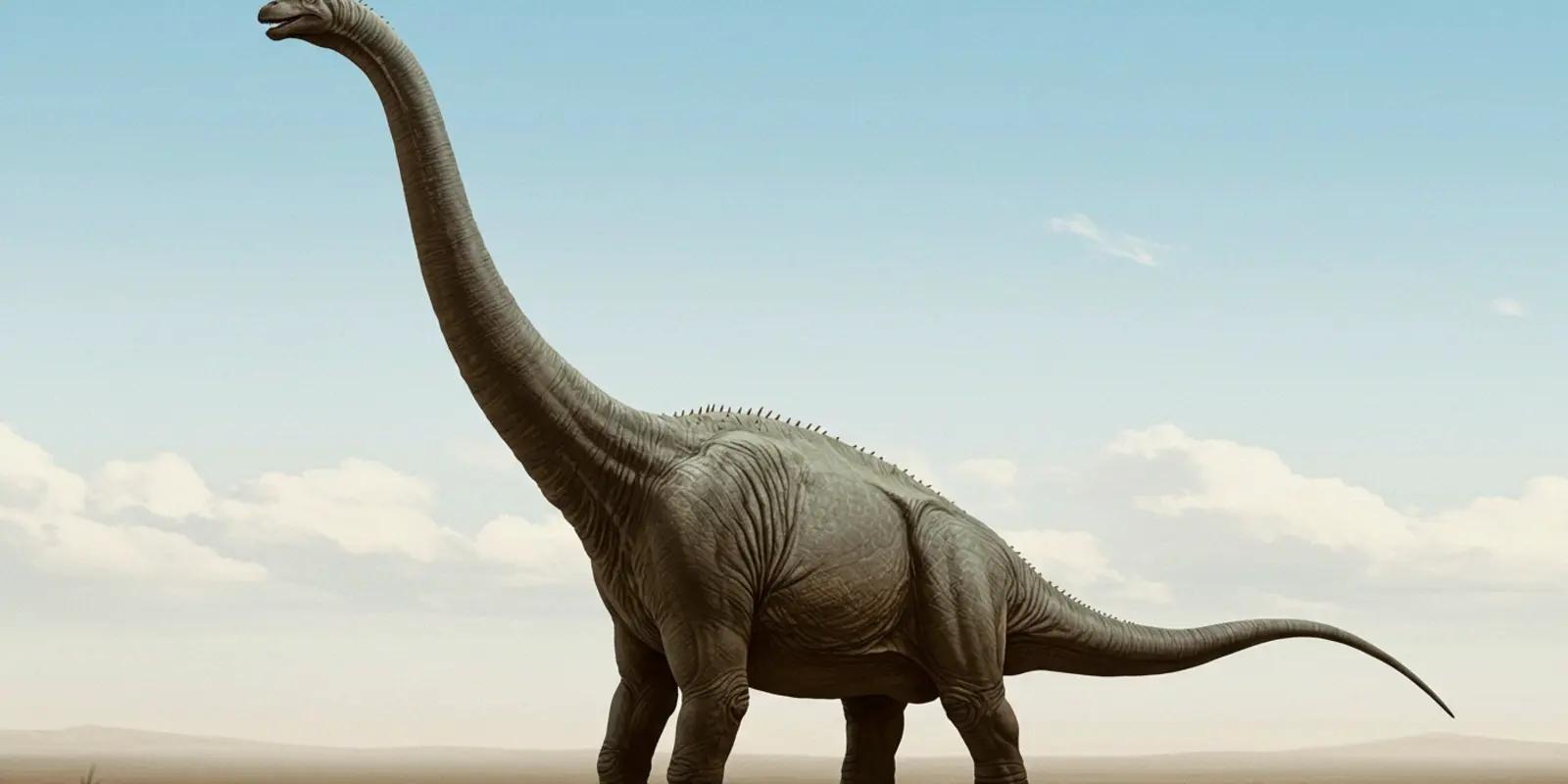 Brachiosaurus dinosaur model with long neck extended upward against blue sky, detailed digital rendering in natural habitat.