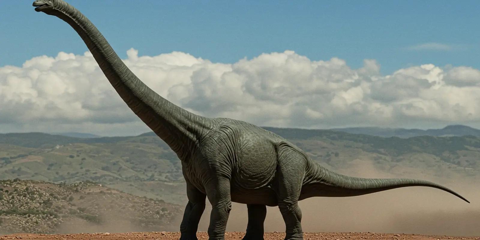 Brontosaurus with long neck against cloudy mountain landscape.