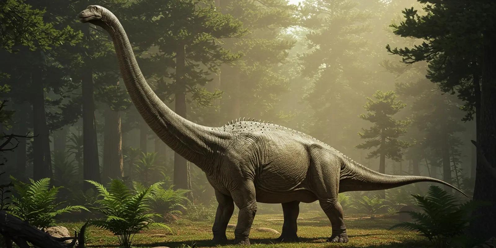 Diplodocus with spined back standing in sunlit misty forest clearing.