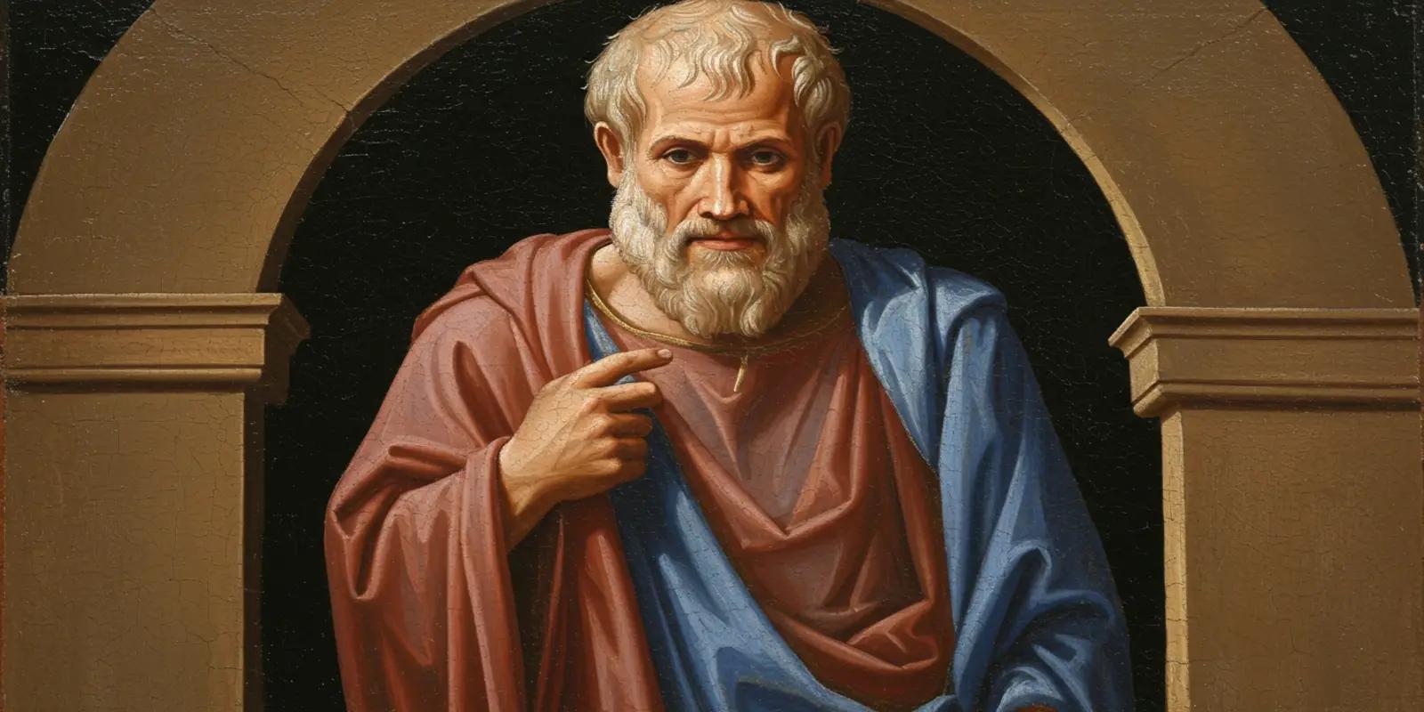 A classical-style painting of Aristotle in a red and blue robe.