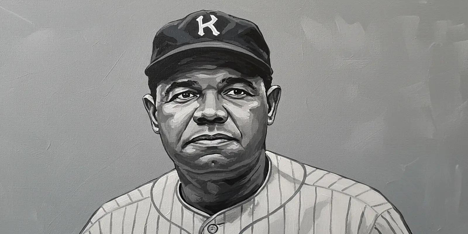 A grayscale painting of a baseball player in a pinstriped uniform and cap, possibly inspired by Babe Ruth.