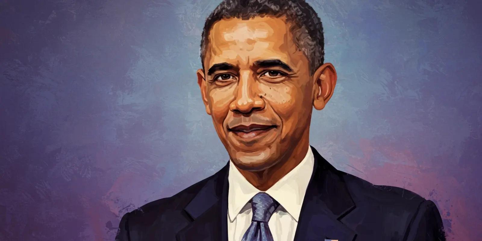 Digital painting of Barack Obama, the 44th President of the United States, wearing a dark suit, white shirt, and blue tie, with a small American flag pin on his lapel, set against a textured blue and purple background.