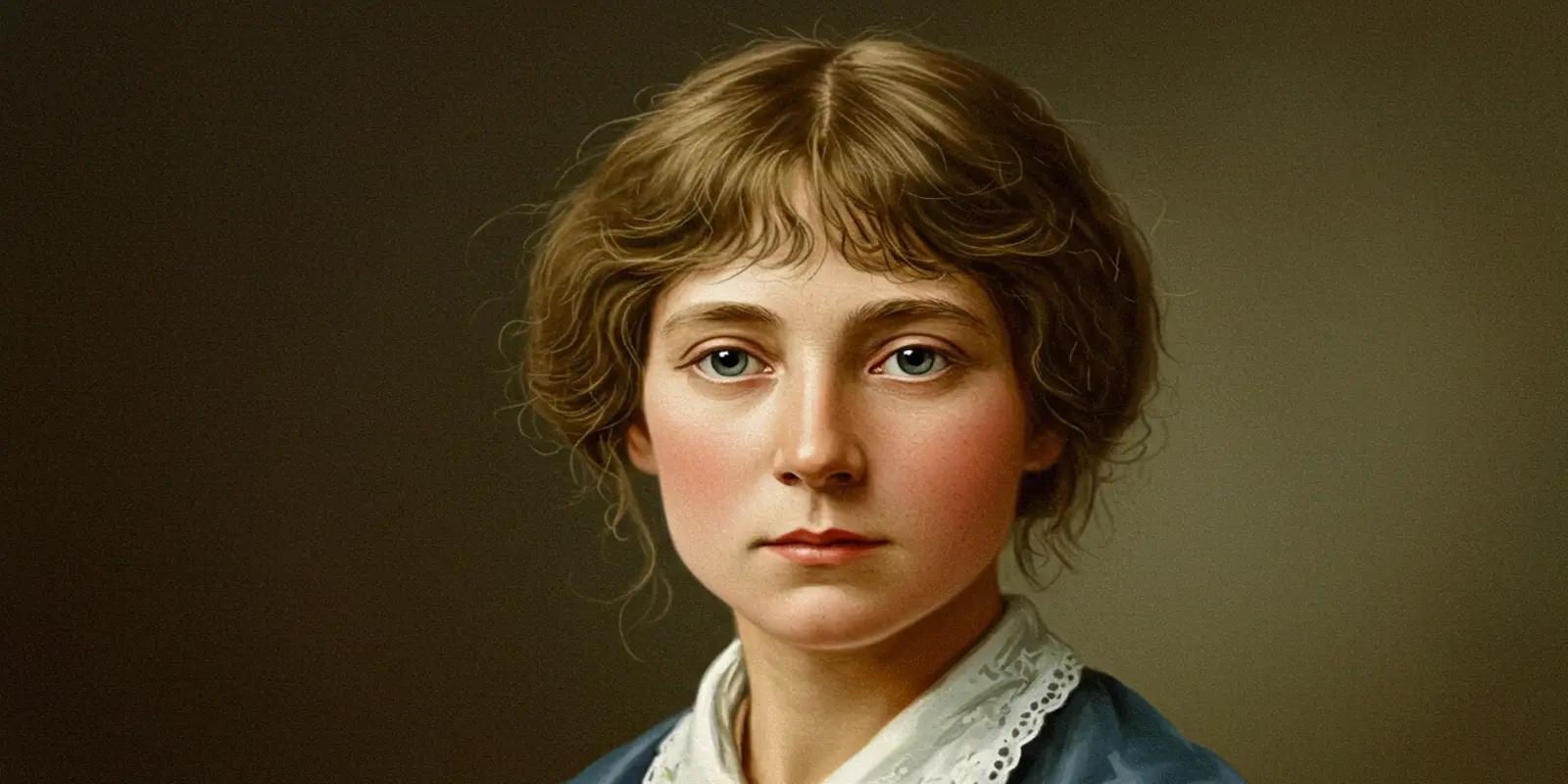 A portrait of Beatrix Potter as a young woman with wavy brown hair, blue eyes, and a calm expression. She wears a blue dress with a white lace collar against a muted background.