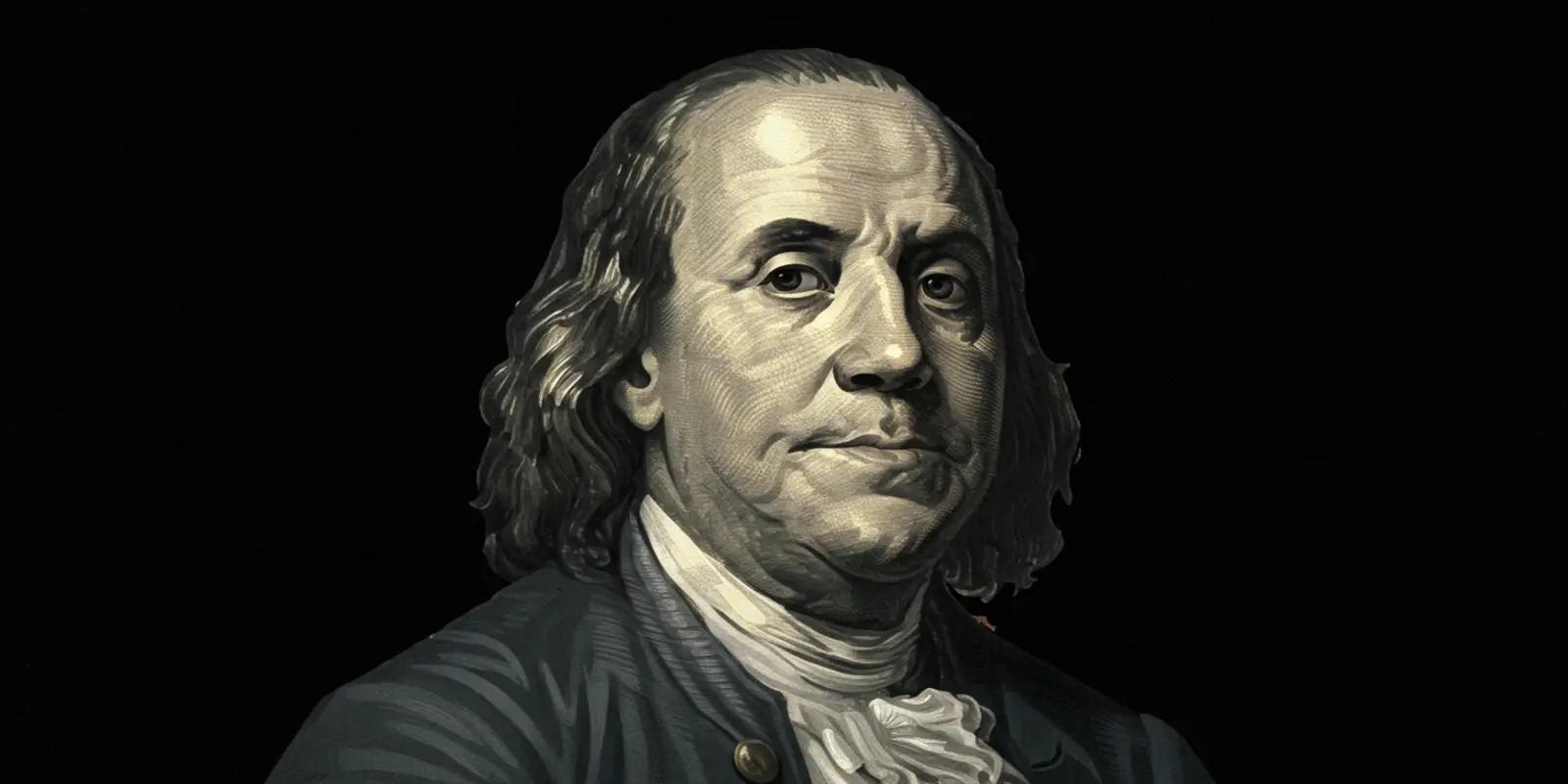 A portrait of Benjamin Franklin, depicting him with shoulder-length hair, a composed expression, and wearing a dark coat with a white cravat. The image has a textured, engraved-style appearance with a dark background.