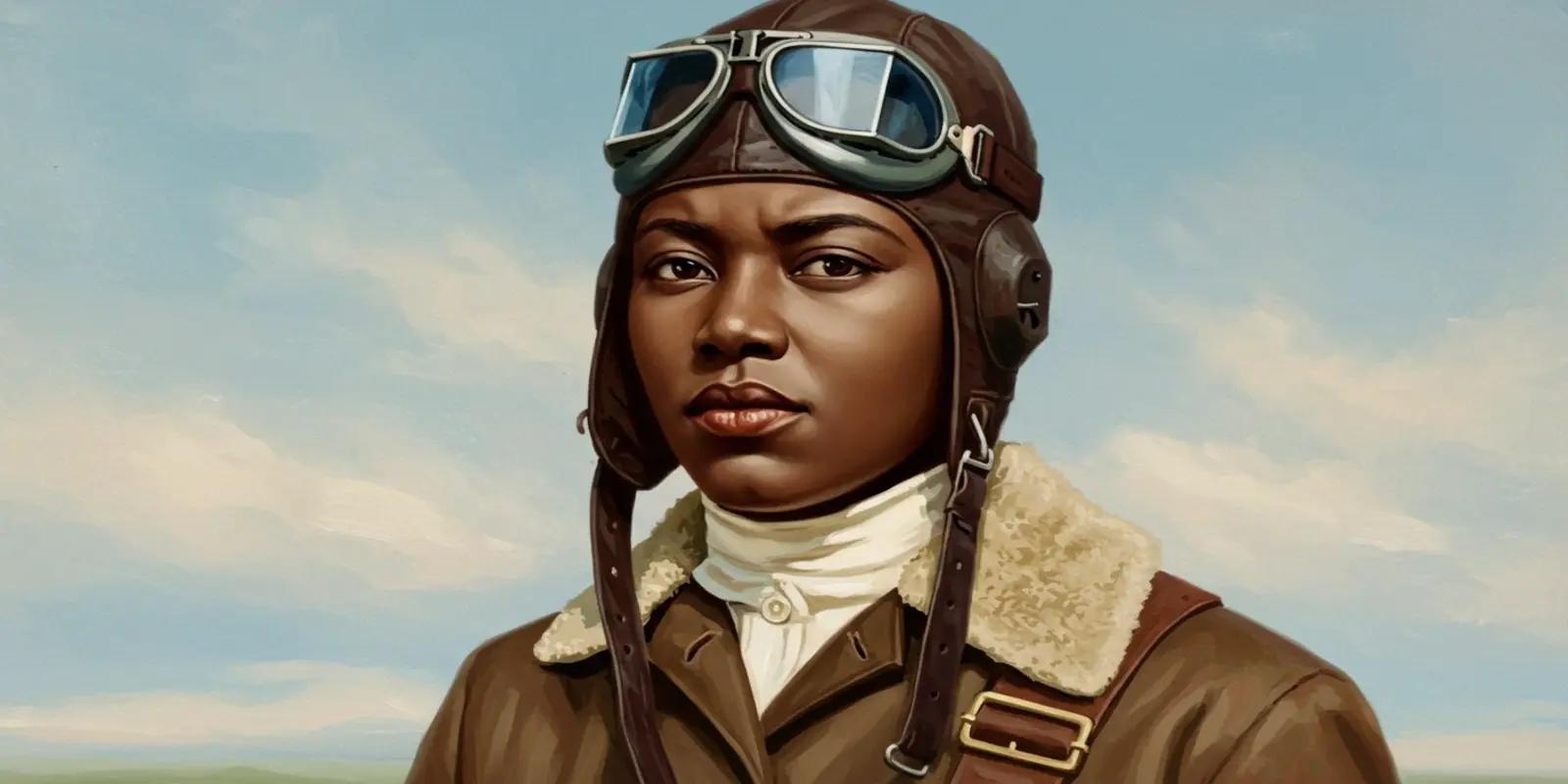A portrait of Bessie Coleman, showing her in a brown leather aviator jacket with a fur collar, a white scarf, and a pilot’s cap with goggles resting on top. She has a determined expression, set against a soft blue sky with clouds.