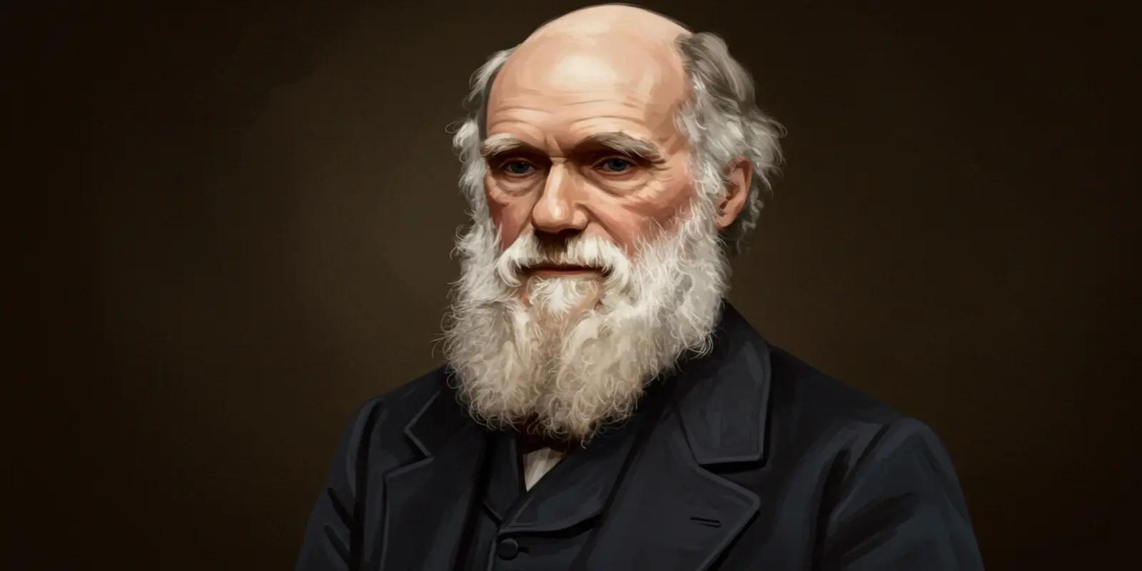 A portrait of Charles Darwin with a white beard, receding hairline, and a dark suit against a muted brown background.