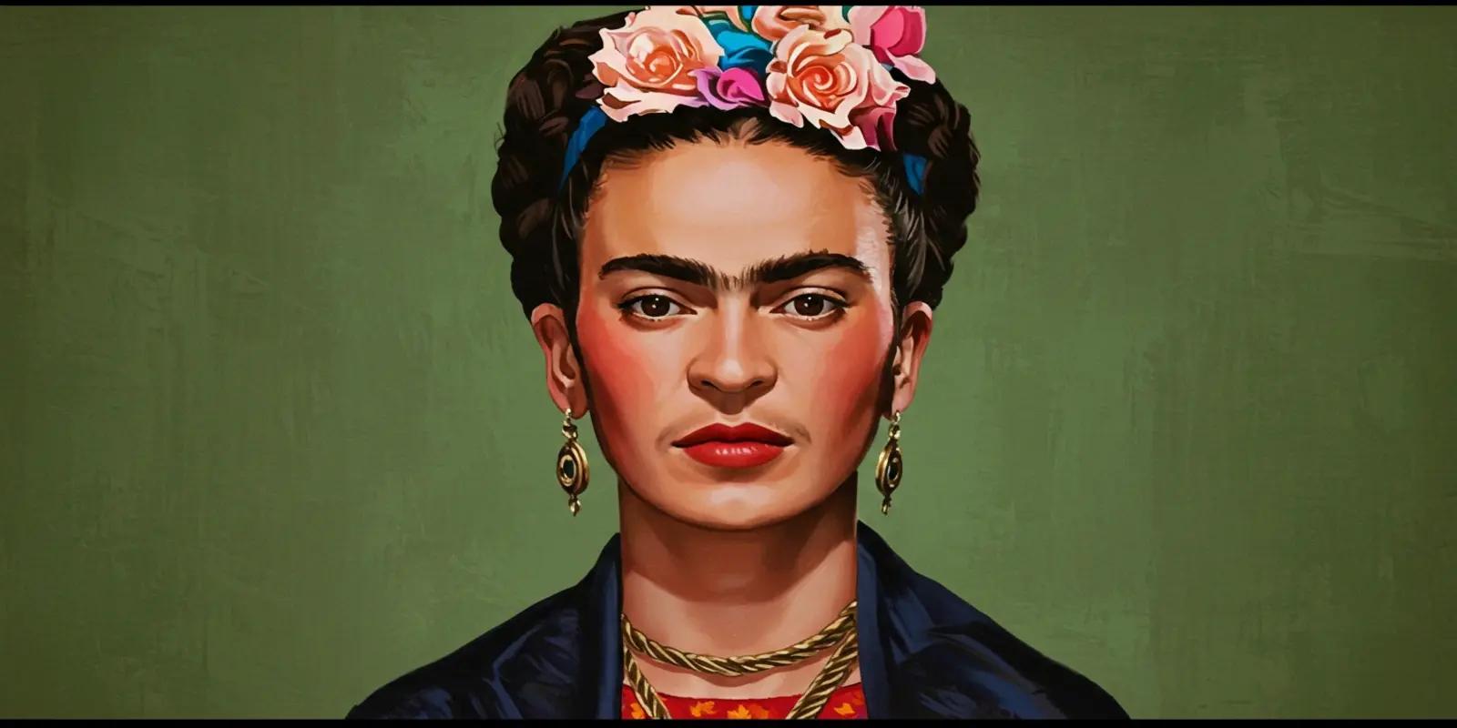 Frida Kahlo digital portrait with flower crown against green background.