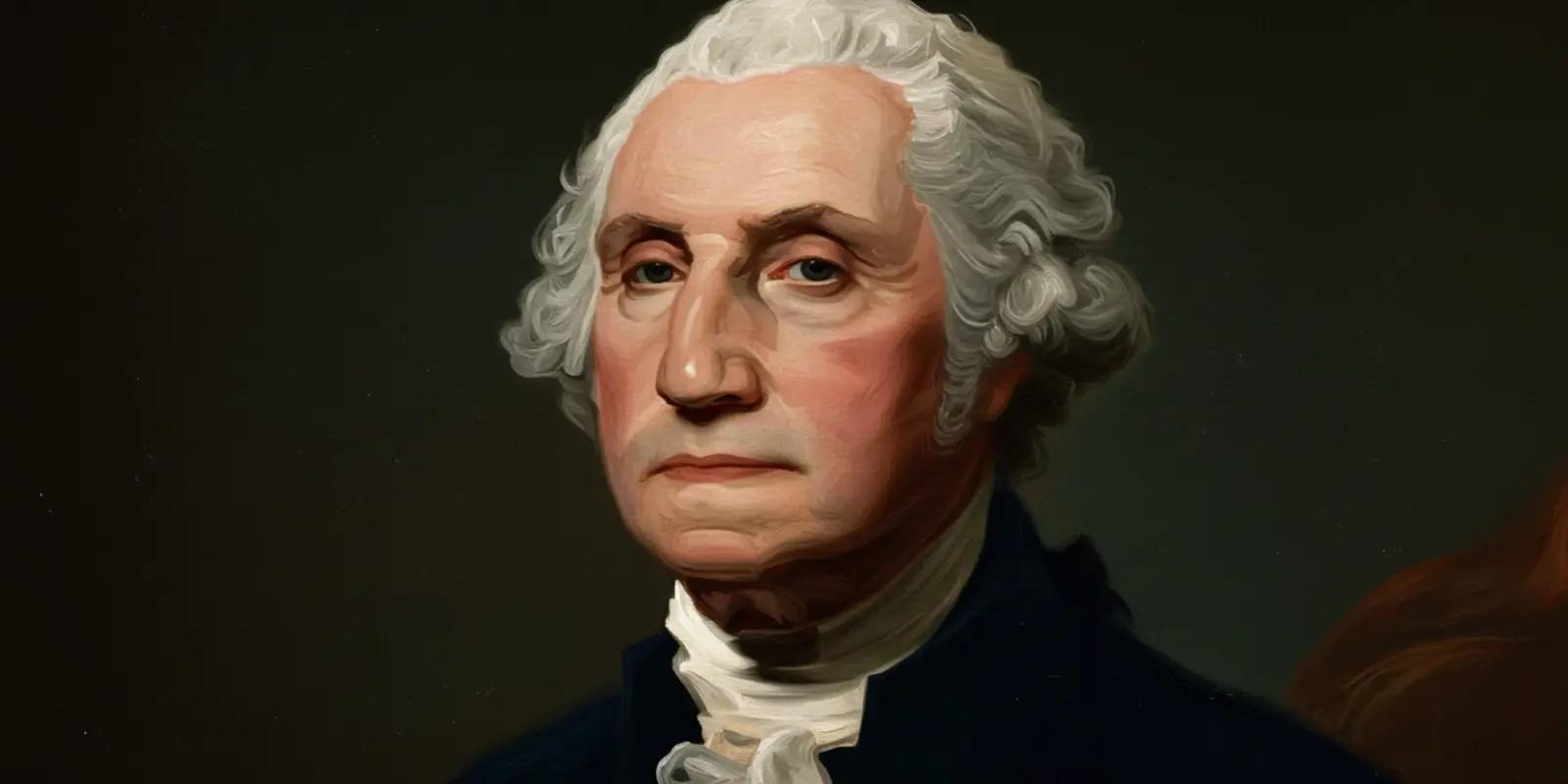 Portrait of George Washington with a serious expression, wearing a dark coat and white cravat.