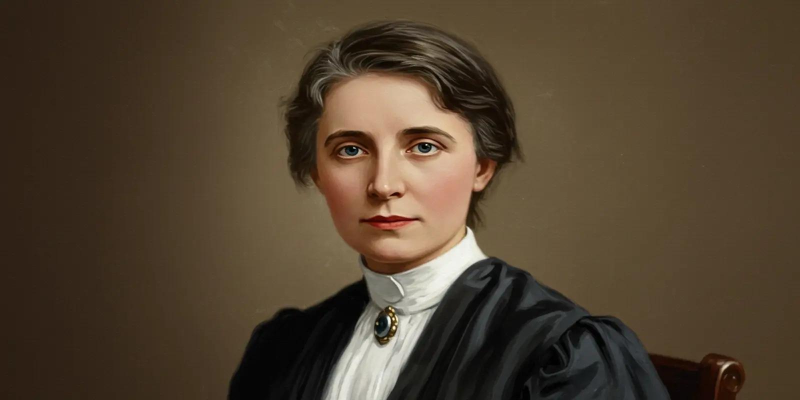 Artistic portrait of Helen Keller, renowned American author and disability rights advocate, wearing a high-collared white blouse with dark jacket and small brooch against neutral background.