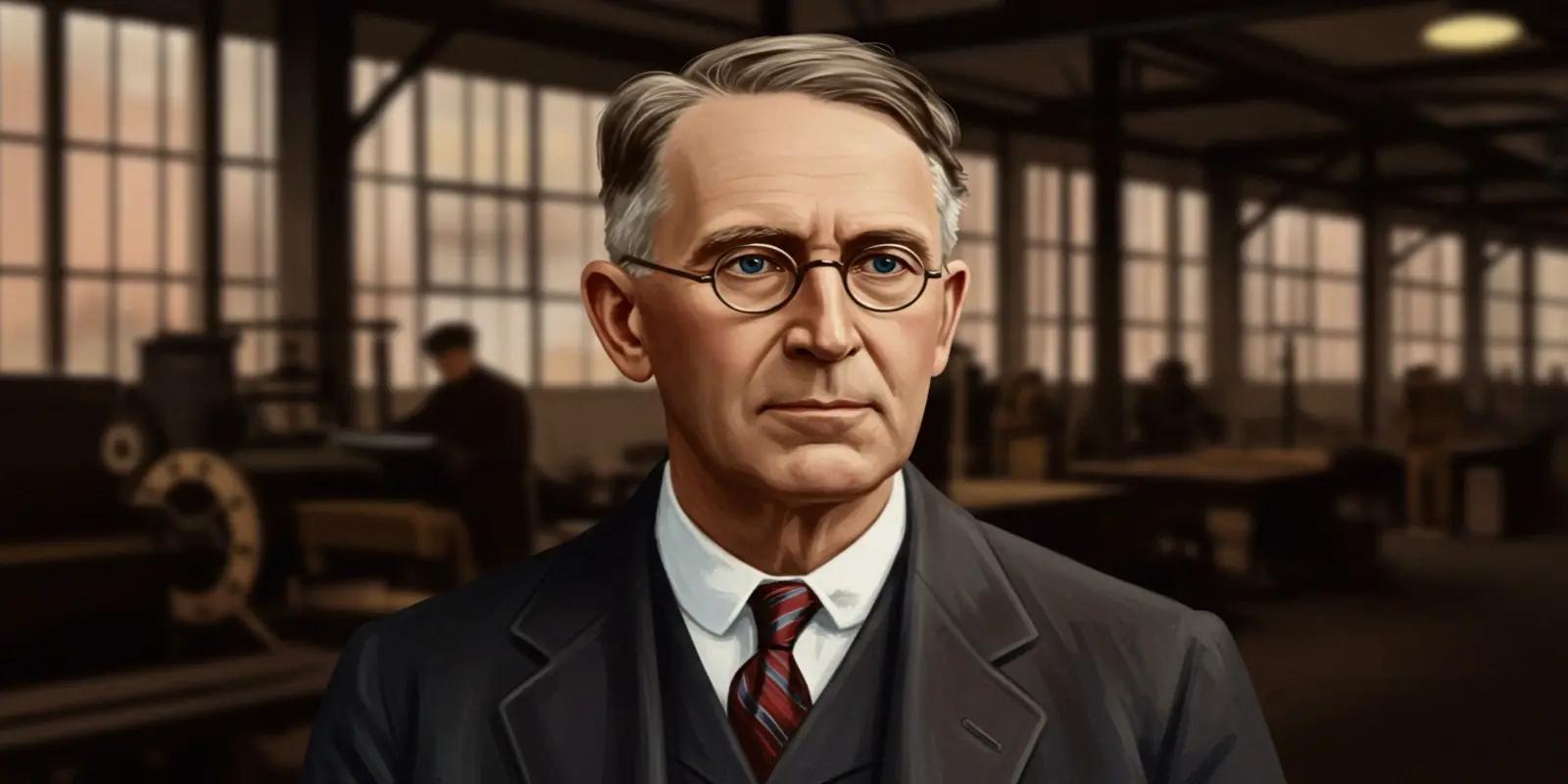 Portrait of Henry Ford in business attire with round glasses against industrial factory background.