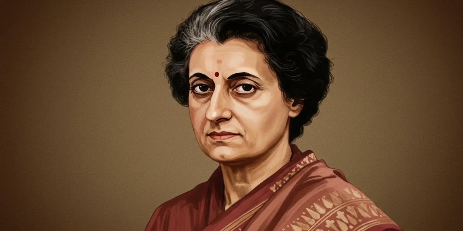 Digital illustration of Indira Gandhi, former Prime Minister of India, wearing a maroon sari with traditional patterns and a red bindi, with a serious expression against a brown background.