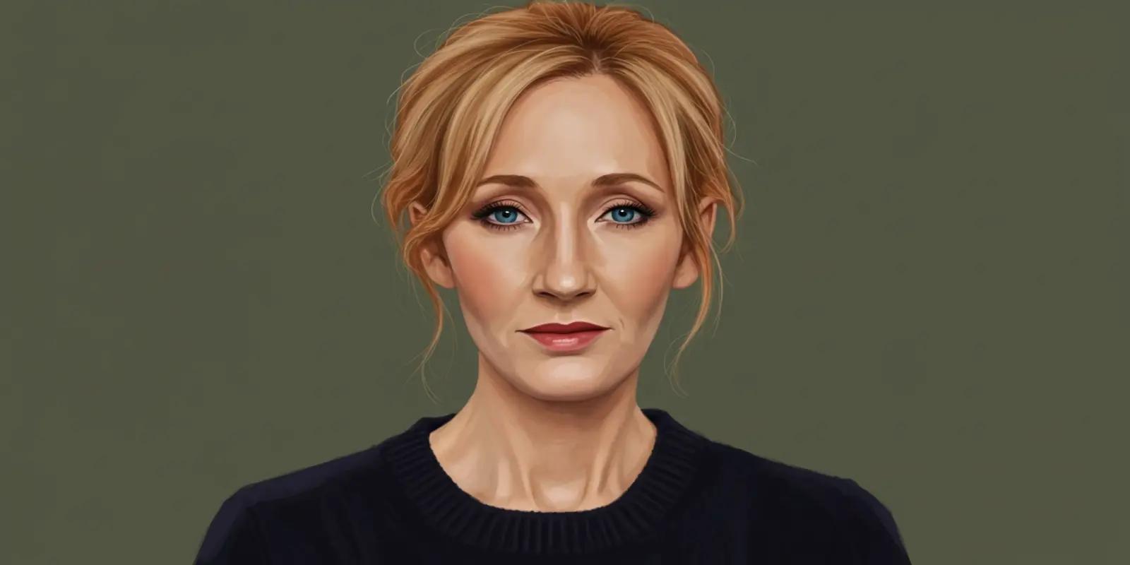 Digital illustration of J.K. Rowling, author of the Harry Potter series, with strawberry blonde hair pulled back, blue eyes, wearing a dark blue sweater against a muted green background.
