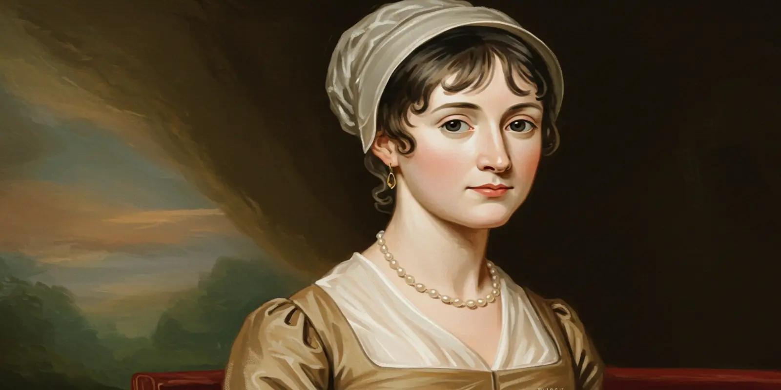 Portrait painting of Jane Austen, the renowned English novelist, wearing a white bonnet and pearl necklace with a cream dress and light brown gown. Her hair is styled in short curls around her face, and a countryside landscape is visible in the background.