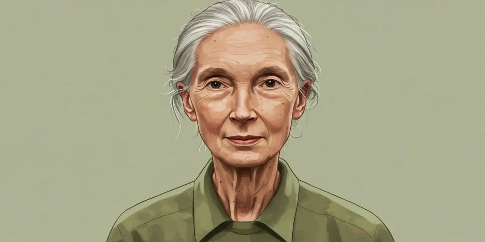 Illustrated portrait of Jane Goodall, conservation advocate with silver hair, wearing a green shirt against a light green background.
