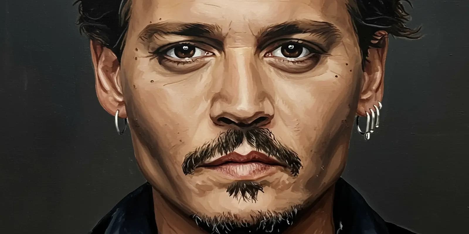 Painted portrait of Johnny Depp with intense brown eyes, mustache and goatee, multiple earrings, and dark clothing against black background.
