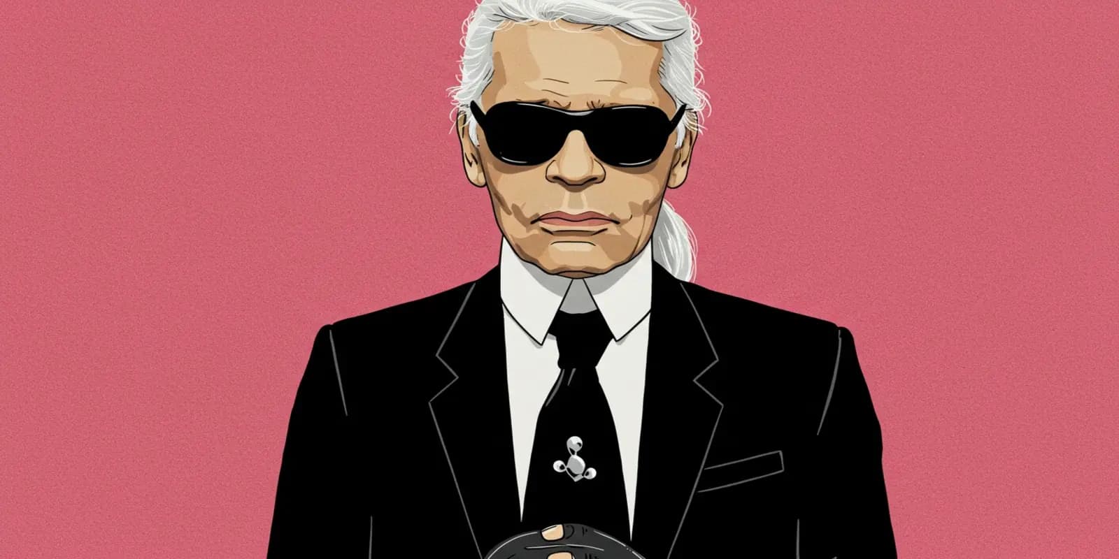 Stylized illustration of Karl Lagerfeld with white ponytail, black sunglasses, white collar, black suit and tie with decorative pin, against pink background.