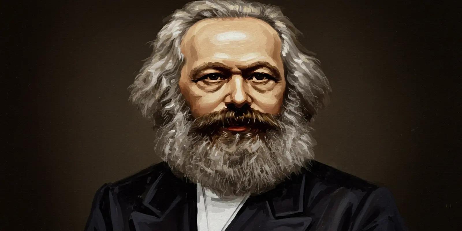 Portrait painting of Karl Marx with distinctive wild gray hair, full beard, intense gaze, and dark coat against brown background.