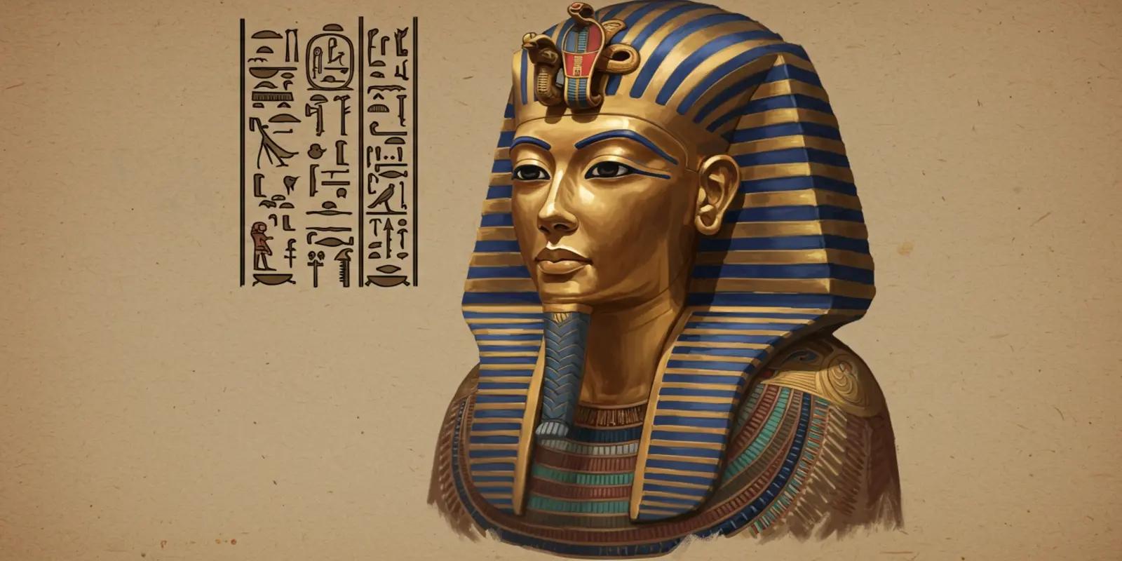 Illustrated portrait of King Tutankhamun's golden funeral mask with blue and gold headdress and hieroglyphic.