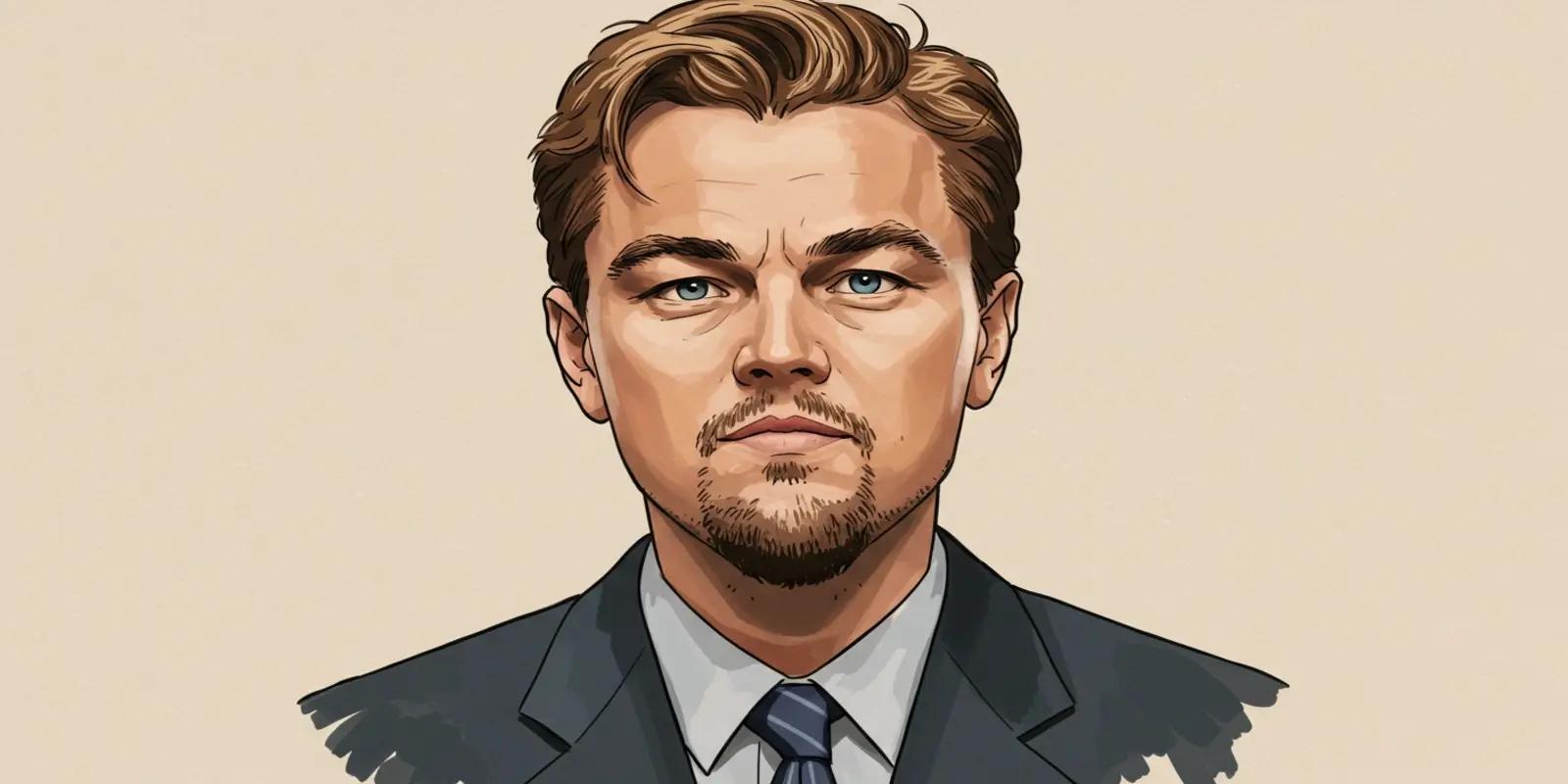 A portrait of Leonardo DiCaprio with blue eyes, short wavy brown hair, and light stubble, wearing a dark suit and tie against a beige background.