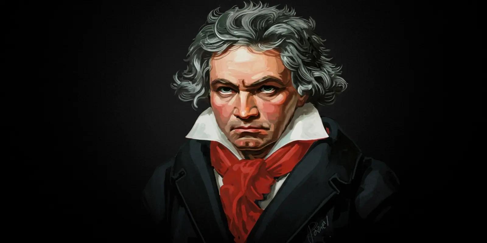 A portrait of Ludwig van Beethoven with wild, wavy gray hair, wearing a dark coat with a white collar and a red scarf, against a dark background.