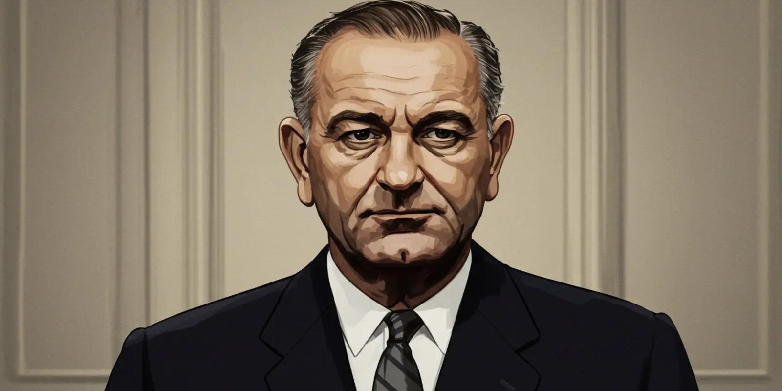 A portrait of Lyndon B. Johnson with short, neatly combed gray hair, wearing a dark suit, white shirt, and striped tie, against a beige paneled background.