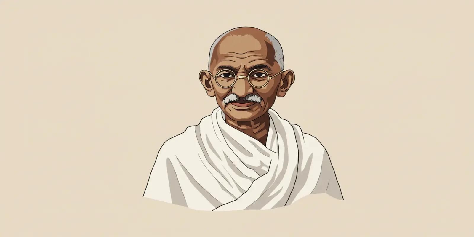 A portrait of Mahatma Gandhi with a bald head, round glasses, and a thin mustache, wearing a simple white shawl, against a light beige background.