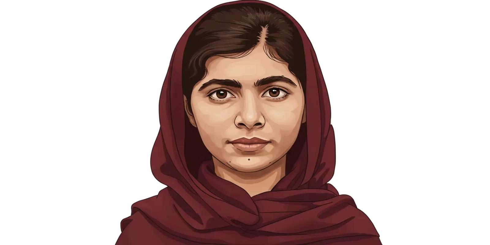 A portrait of Malala Yousafzai with dark eyes, thick eyebrows, and a small mole on her chin, wearing a deep red headscarf, against a white background.