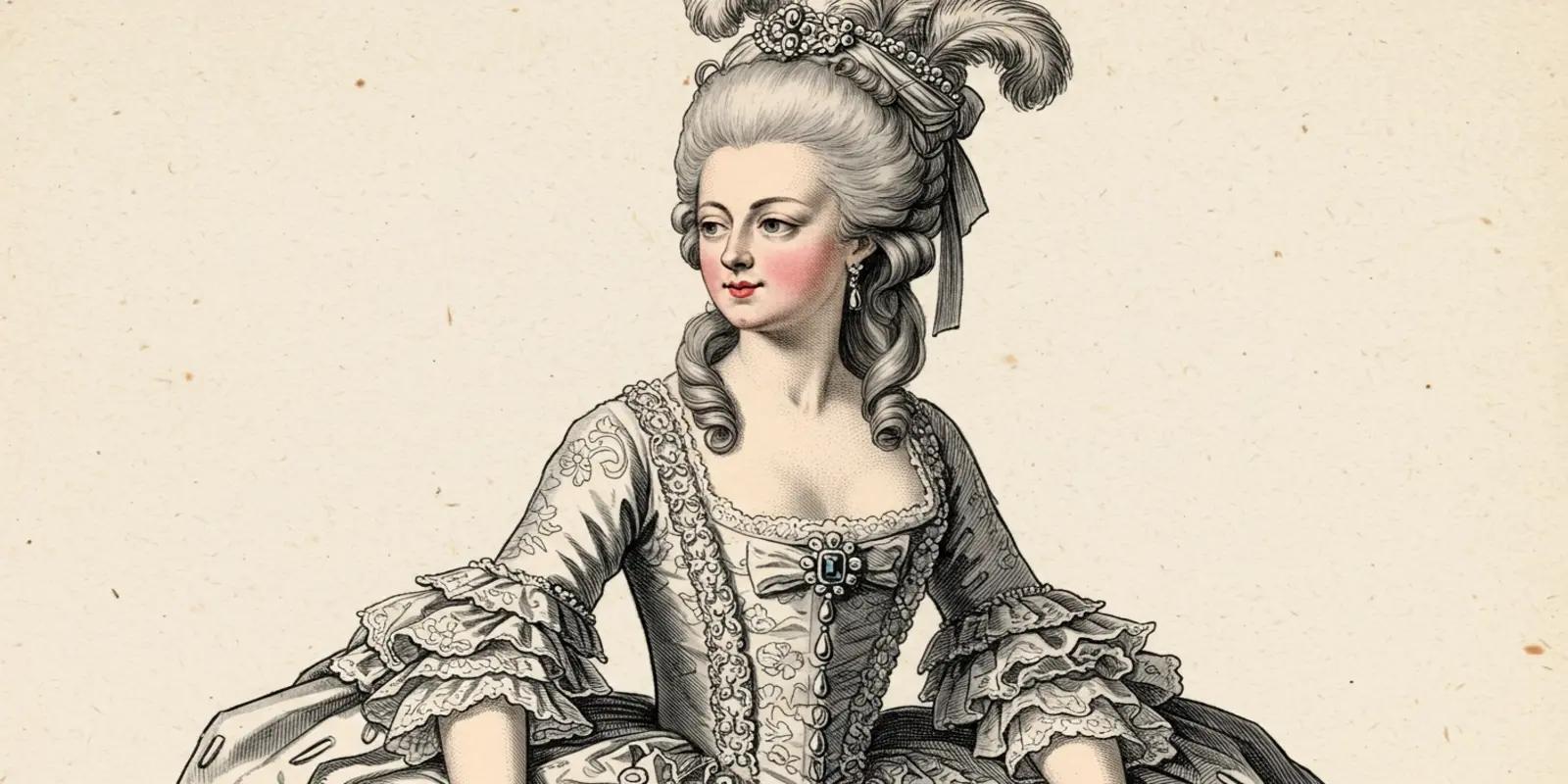 A portrait of Marie Antoinette with an elaborate powdered hairstyle adorned with pearls and feathers, wearing a detailed gown with lace and embroidery, against a vintage parchment background.