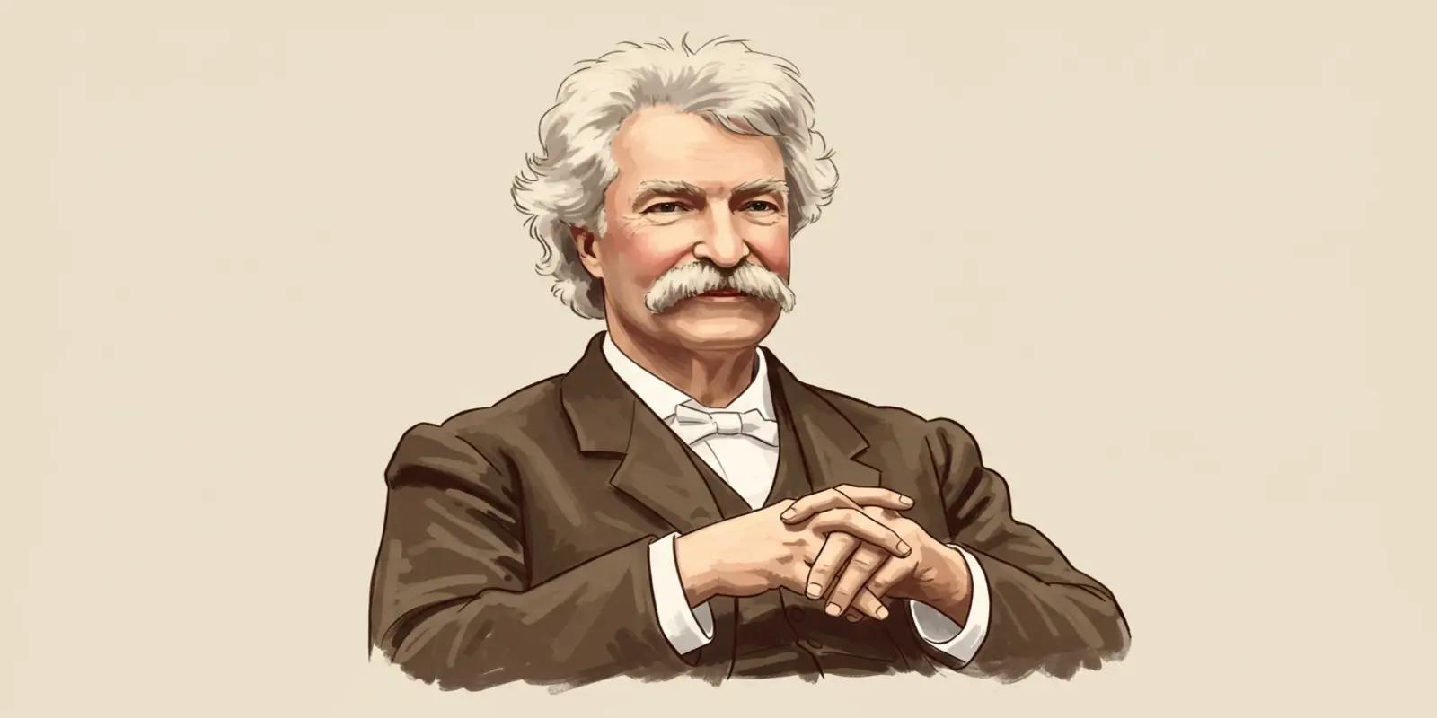 A portrait of Mark Twain with wavy white hair and a thick mustache, wearing a brown suit with a white bow tie, against a light beige background.