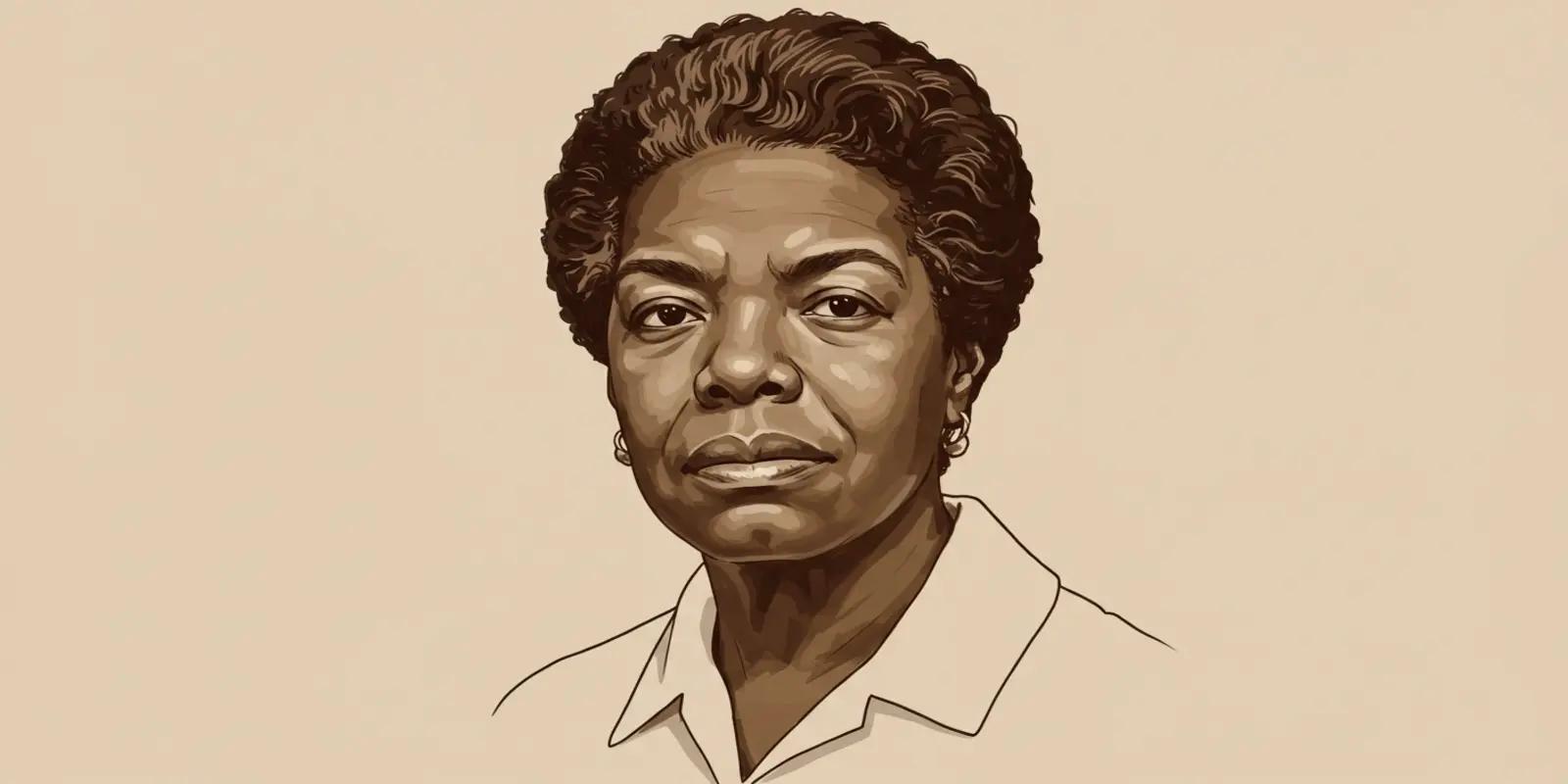 A portrait of Maya Angelou with short, textured hair and a calm, determined expression, wearing a collared shirt, against a light beige background.
