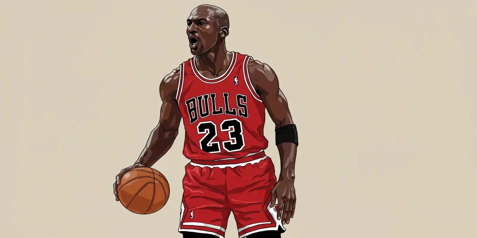 A portrait of Michael Jordan with a bald head and intense expression, wearing a red Chicago Bulls jersey with the number 23, dribbling a basketball, against a light beige background.