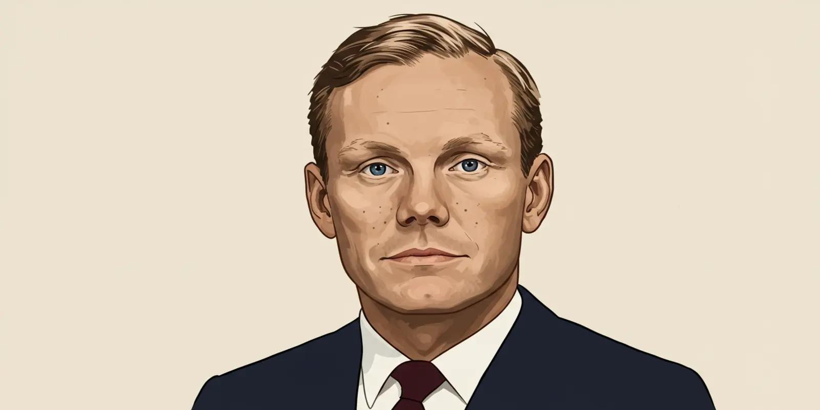 A portrait of Neil Armstrong with short, neatly combed hair and blue eyes, wearing a dark suit with a white shirt and red tie, against a light beige background.