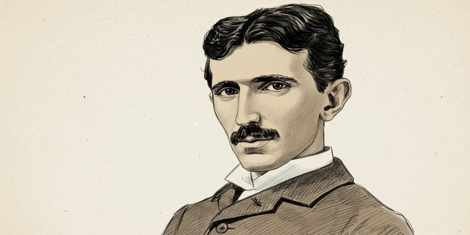 A portrait of Nikola Tesla with wavy dark hair and a mustache, wearing a high-collared shirt and dark coat, against a light beige background.