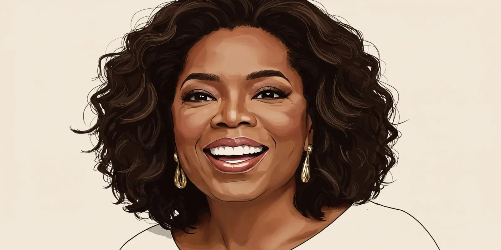 A portrait of Oprah Winfrey with voluminous curly hair, wearing gold earrings and a white top, smiling warmly against a light beige background.