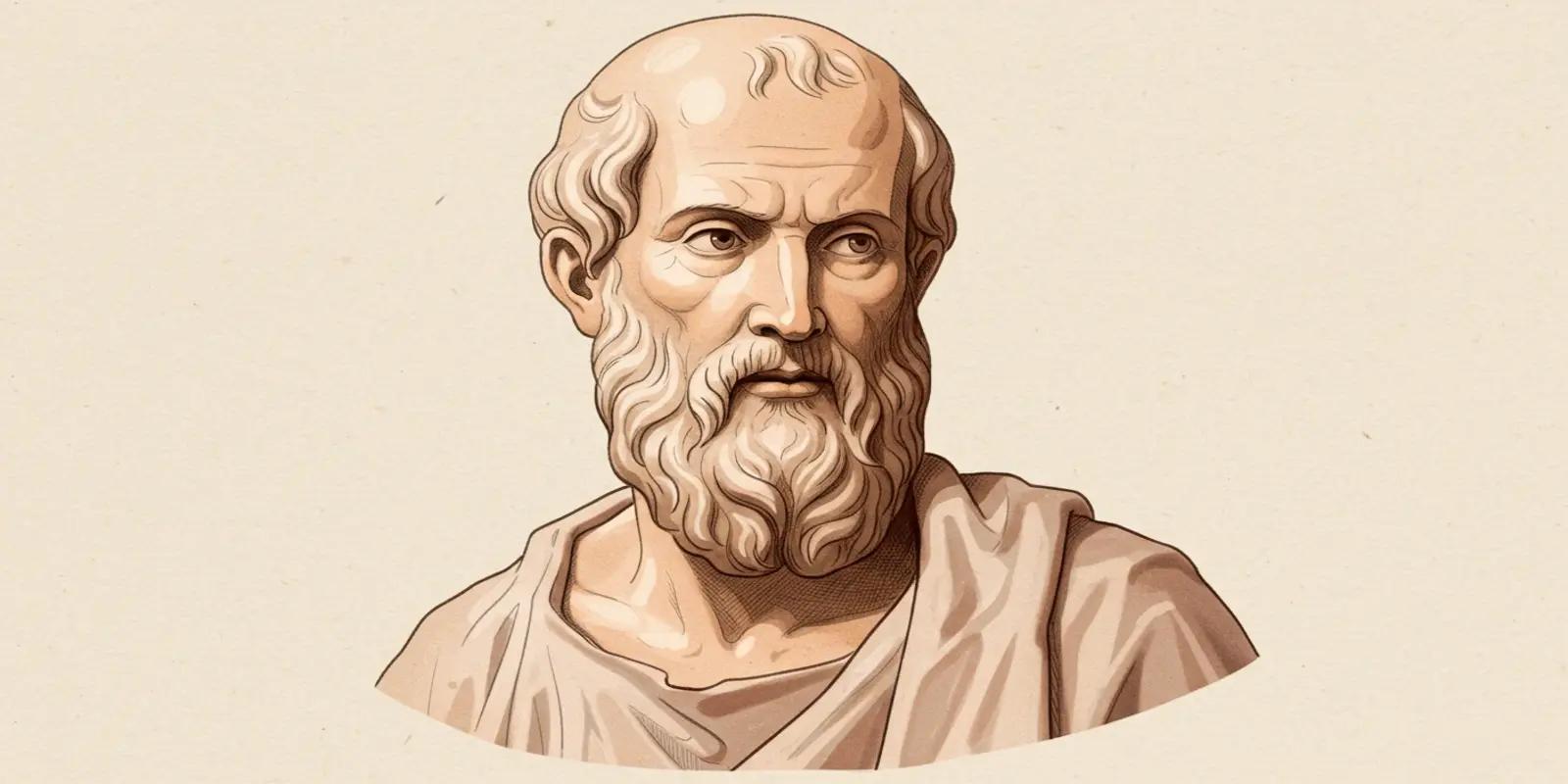Illustrated portrait of Plato with balding head, long beard, and traditional Greek robes.