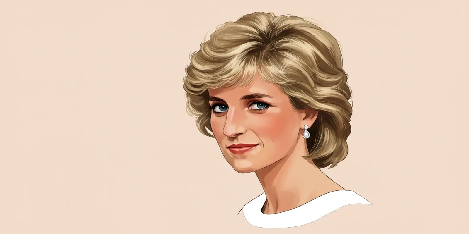 Illustrated portrait of Princess Diana with signature blonde feathered hairstyle, blue eyes, and pearl earrings wearing a white collar.