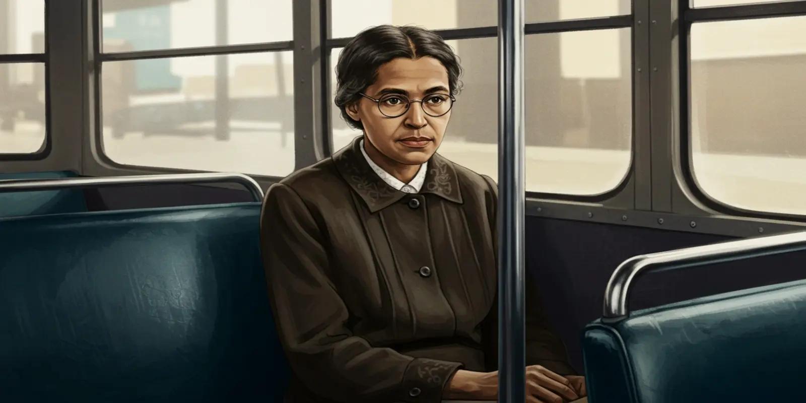Artistic illustration of Rosa Parks sitting on a bus, wearing a brown coat and round glasses, with a contemplative expression against the backdrop of bus windows.
