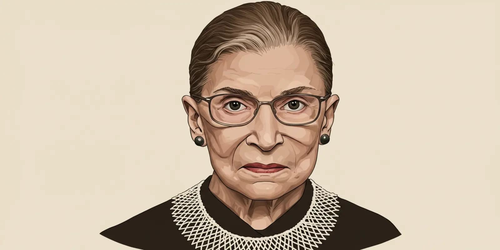 Alt text suggestion: "Illustrated portrait of Ruth Bader Ginsburg wearing her signature lace collar, black robe, rectangular glasses, and small earrings, with her hair pulled back against a neutral background.