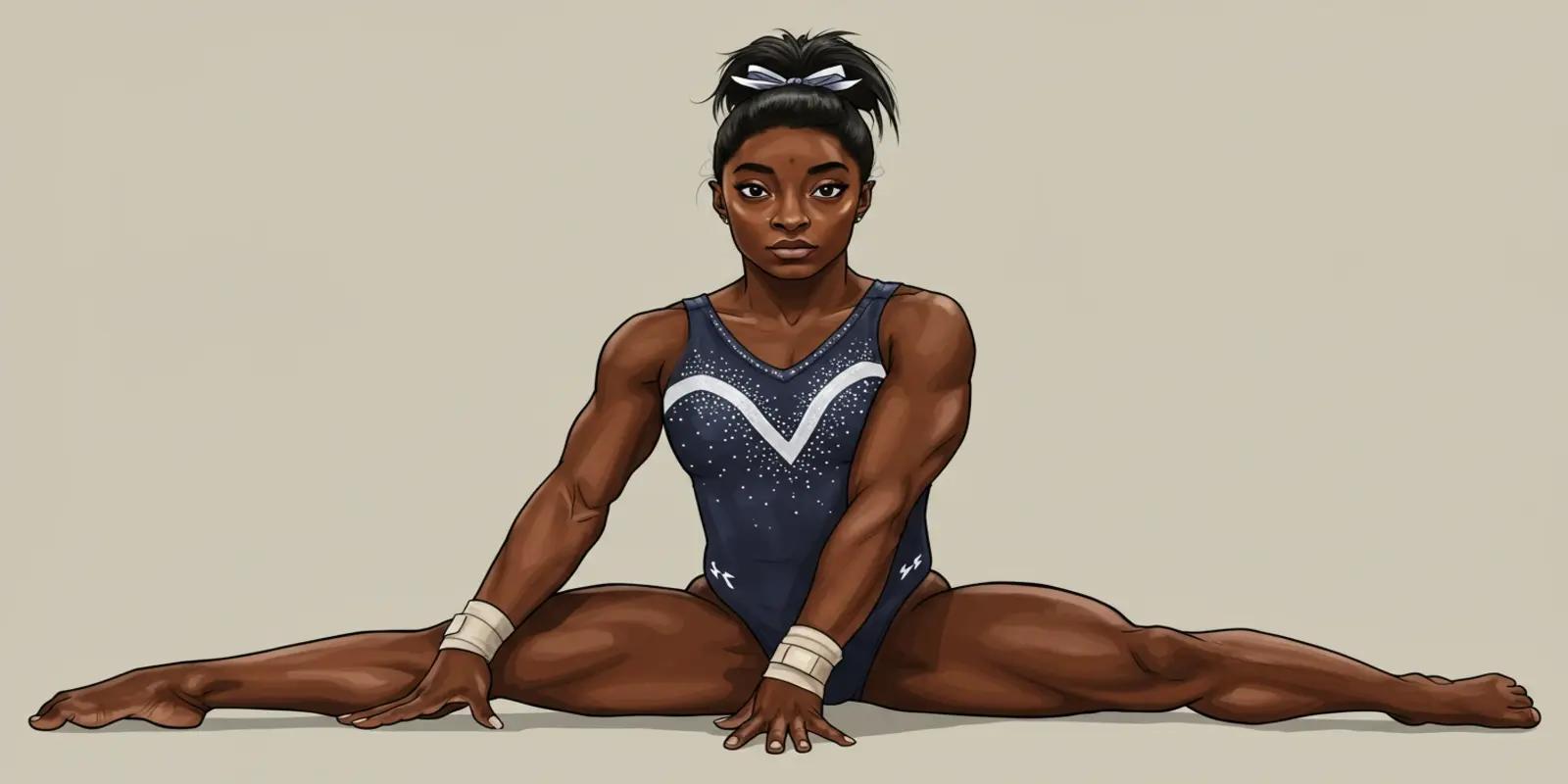 Illustration of Simone Biles in dark blue leotard performing a split pose with wrist guards.