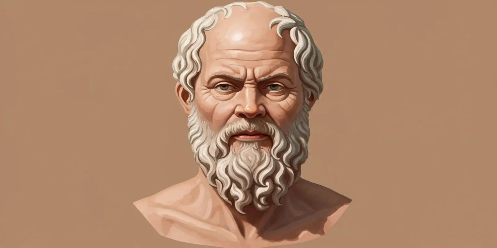 Illustration of Socrates with white curly hair and beard, depicted as a classical Greek philosopher bust.