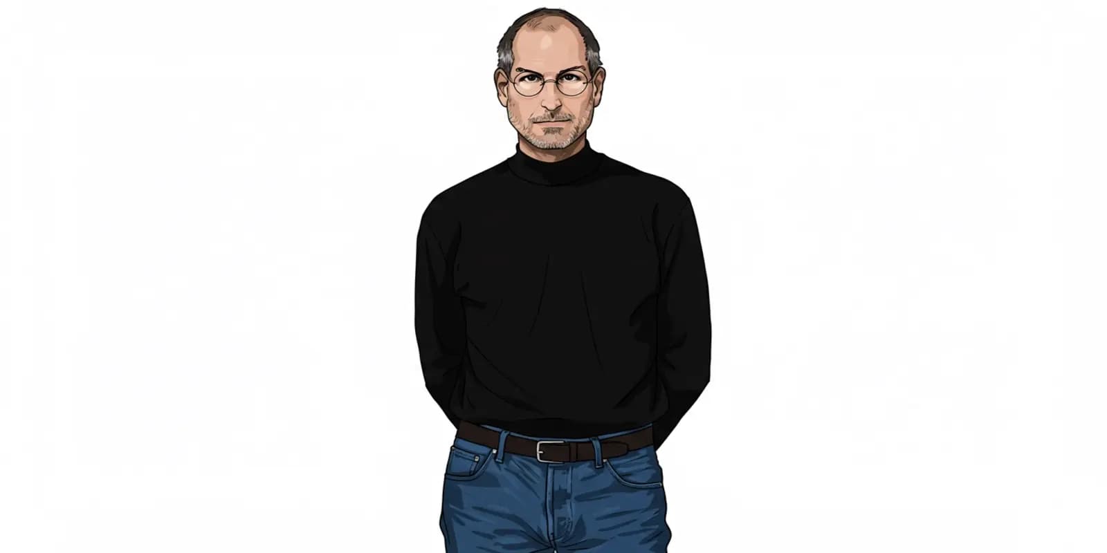 Illustration of Steve Jobs in his iconic black turtleneck, blue jeans and round glasses.