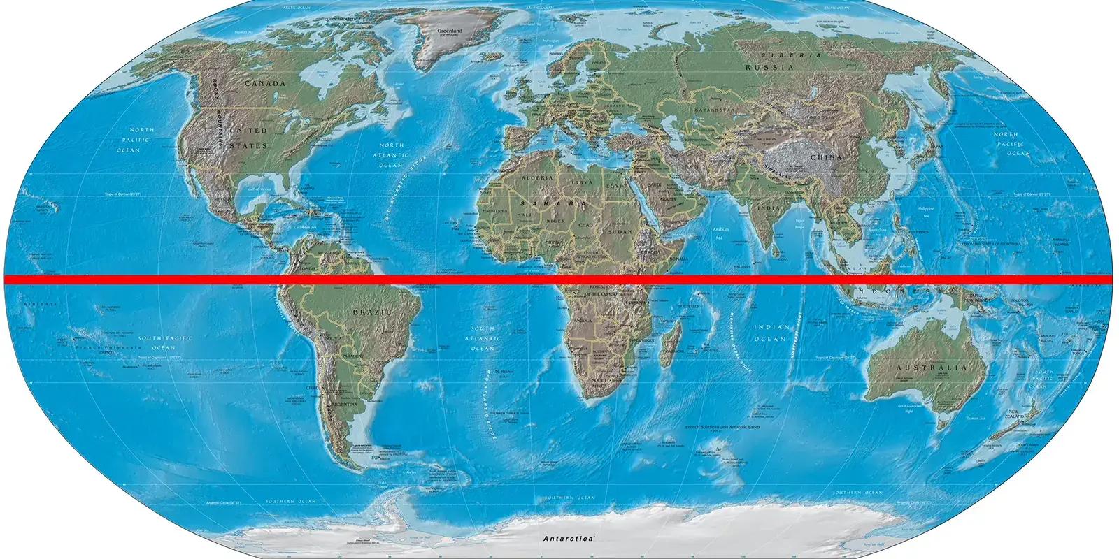 A world map with a red line marking the Equator, the imaginary line that separates the Northern and Southern Hemispheres.