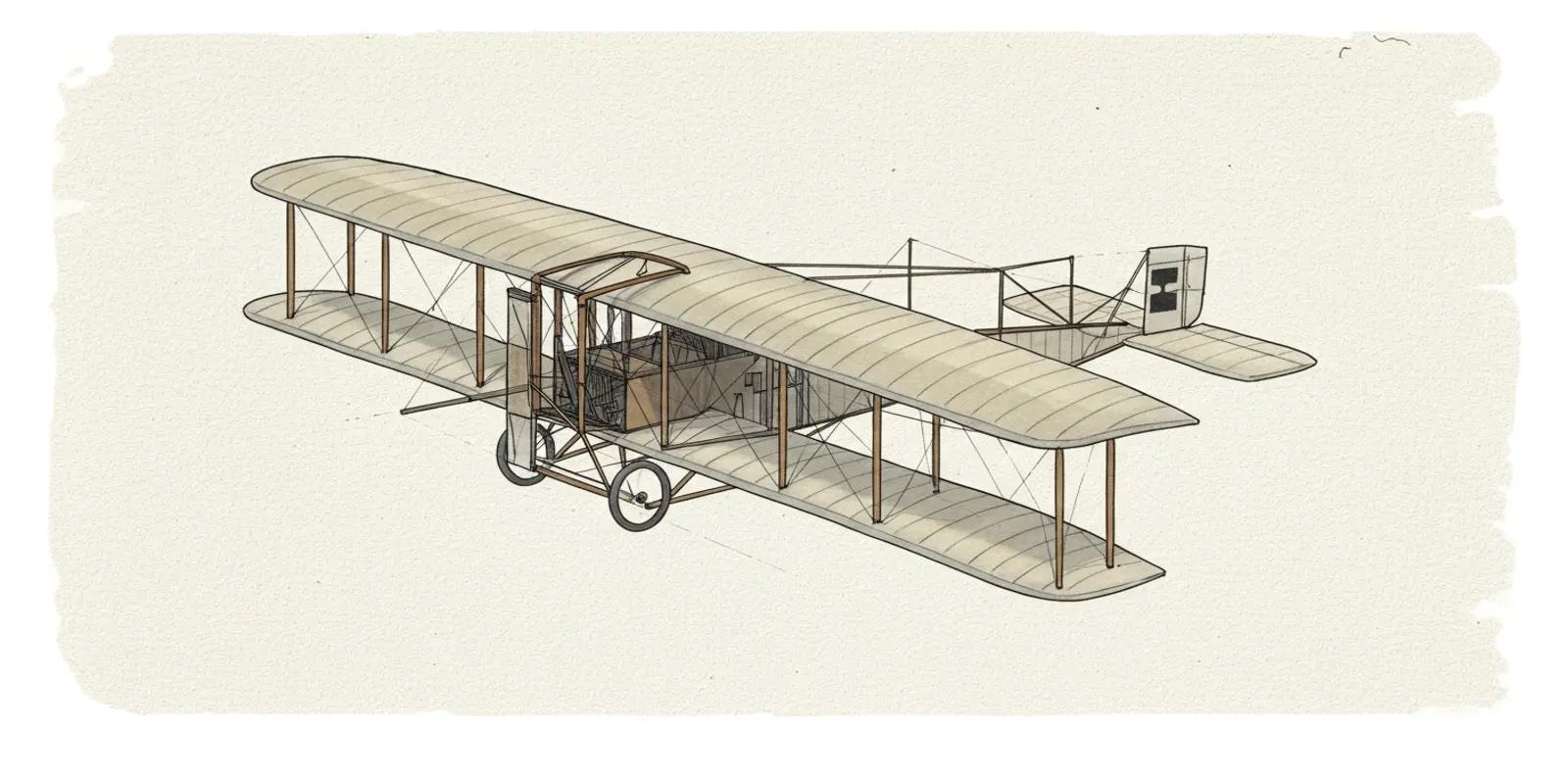 Illustration of the Wright Brothers' biplane aircraft showing detailed wooden frame and canvas wings.