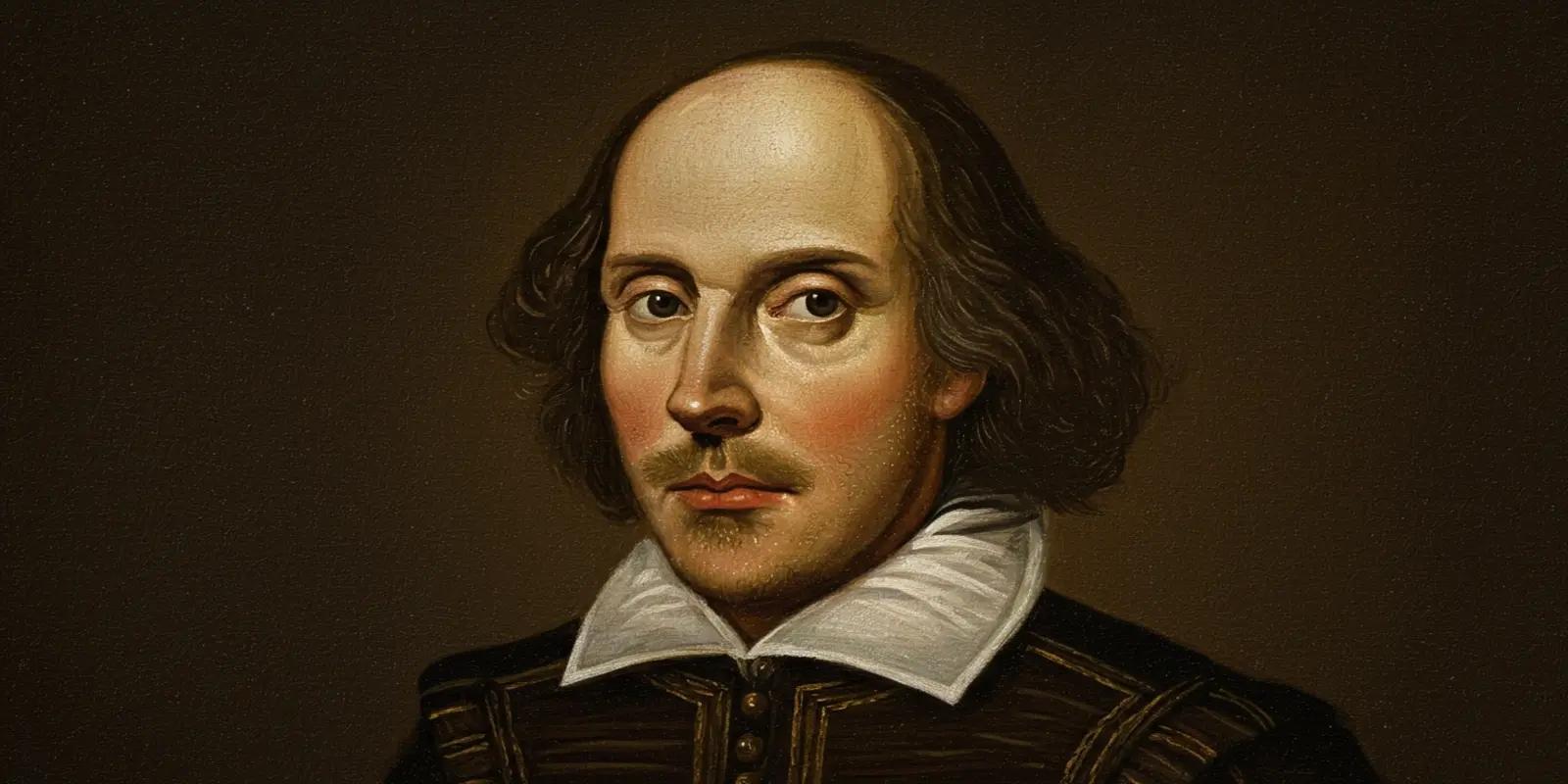 A portrait of William Shakespeare with a high forehead, wavy shoulder-length hair, and a thin mustache, wearing an Elizabethan-style black doublet with a white collar, against a dark background.
