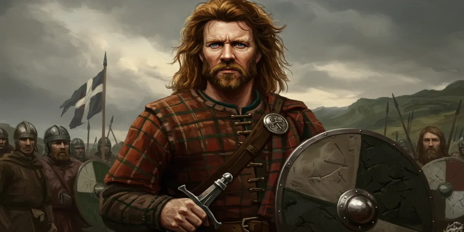A portrait of William Wallace with long, unkempt blond hair and a fierce expression, wearing a plaid tunic with a leather strap across his chest, holding a sword and a battle-worn shield. Behind him, Scottish warriors stand ready for battle under a cloudy sky, with a flag bearing the St. Andrew’s Cross.
