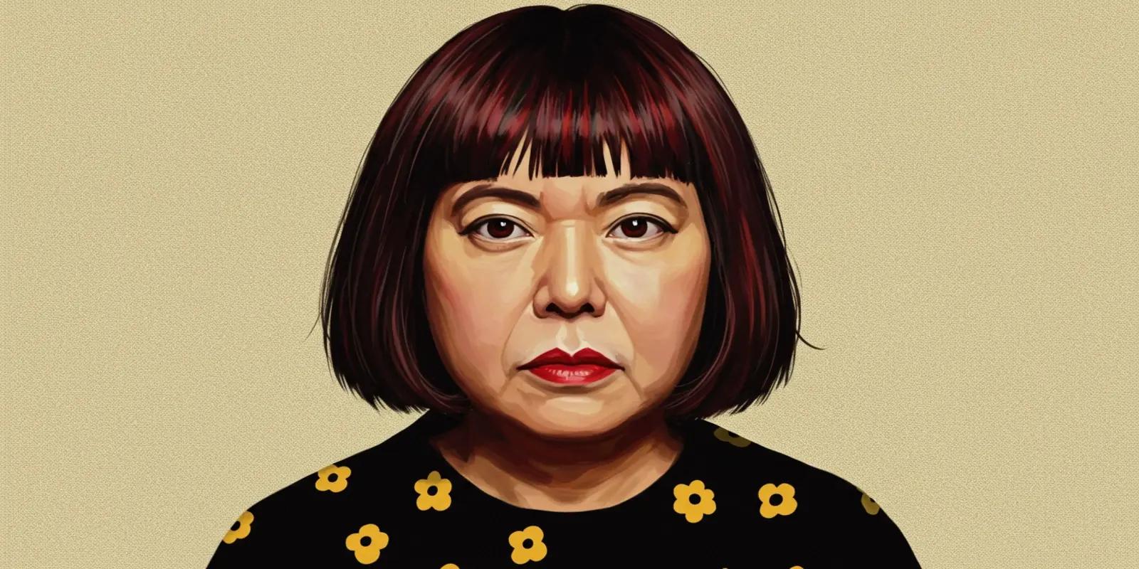 A portrait of Yayoi Kusama with a short bob hairstyle and bangs, wearing a black dress adorned with yellow flowers, against a light beige background.