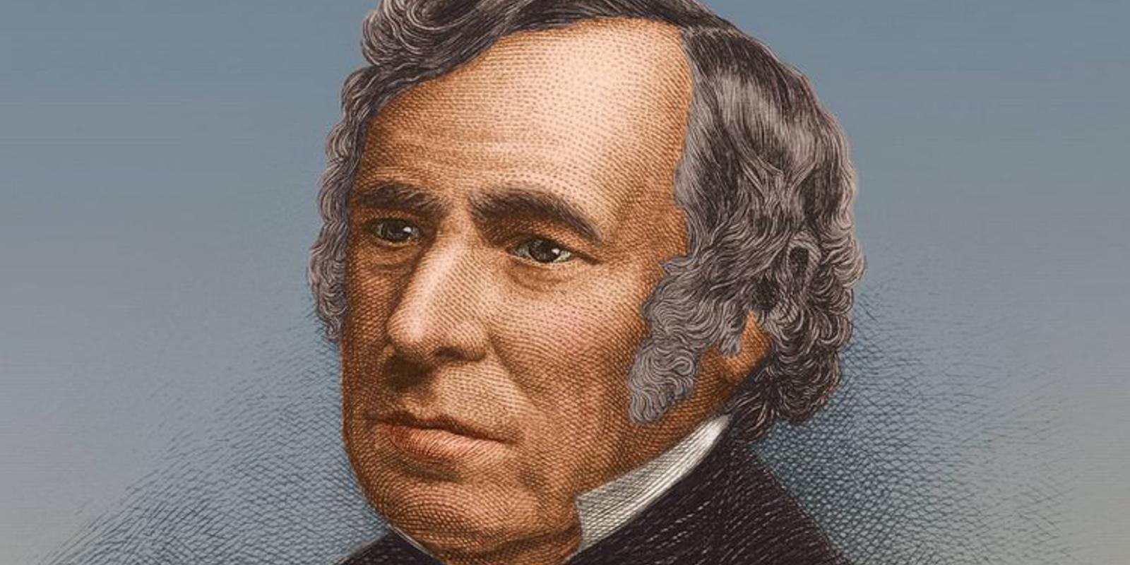 A portrait of Zachary Taylor with wavy gray hair and sideburns, wearing a dark coat with a white collar, against a textured blue background.
