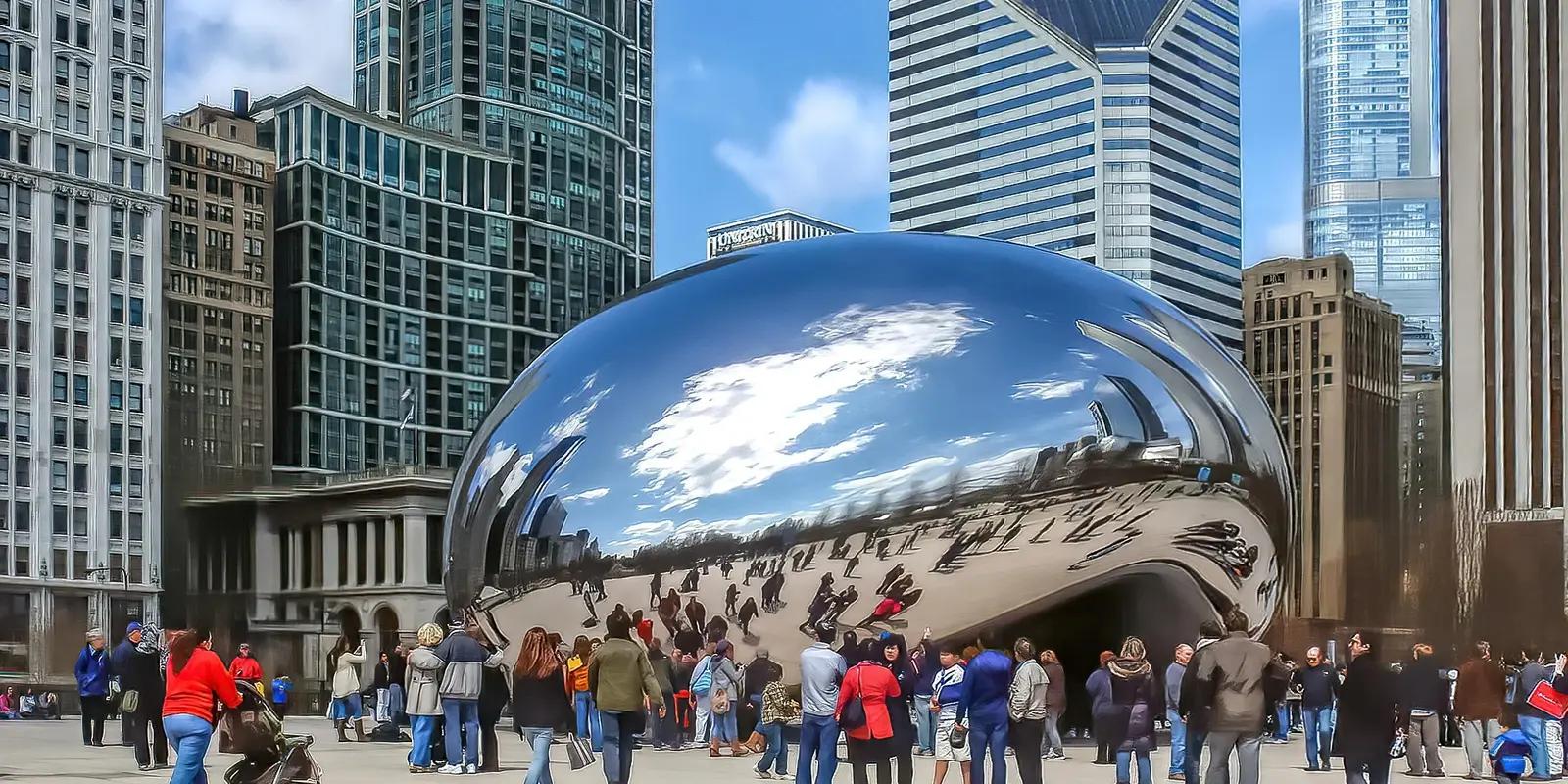 Cloud Gate sculpture in downtown Chicago surrounded by visitors with skyline reflections.